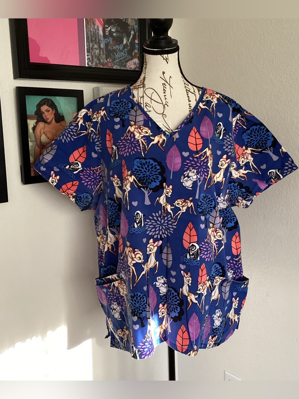 Disney Blue Floral Bambi Print Cotton Scrub Top 2X
